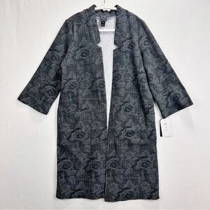 Clara Sunwoo Charcoal Knit Duster Cardigan With 3/4 Sleeve Notch‎ Neck Embossed